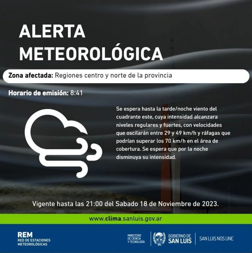 Alerta Meteorológica: fuertes vientos en el centro y norte provincial**