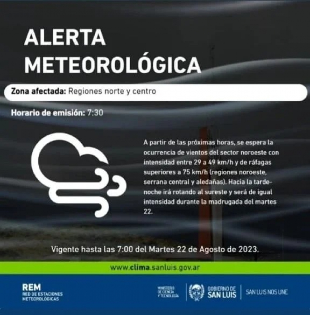 REM emitió un alerta para la región norte y centro provincial por vientos fuertes