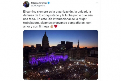 El mensaje de Cristina Kirchner por el 8M: "Sigamos avanzando compañeras, con amor y con firmeza"