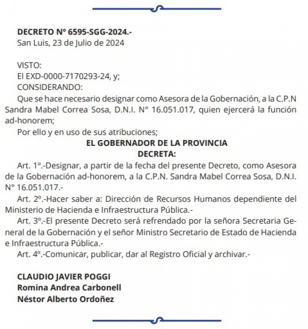 La esposa del gobernador fue nombrada «Asesora de la Gobernación»